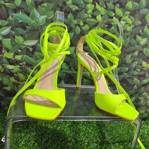 Schutz Bryce Neon Acid Yellow Lace Up Square Toe Stiletto Sandals Heels 7B